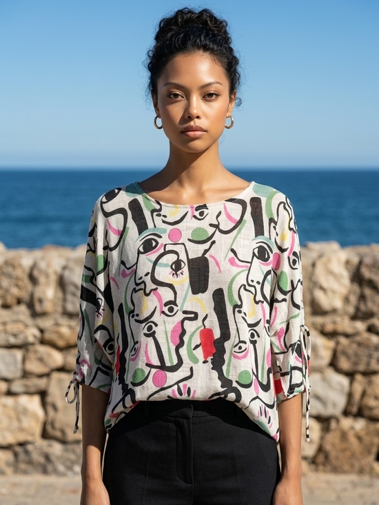 CHARLIE B Tops - Abstract Face Print Tie-Sleeve Cotton Top - White/Multi